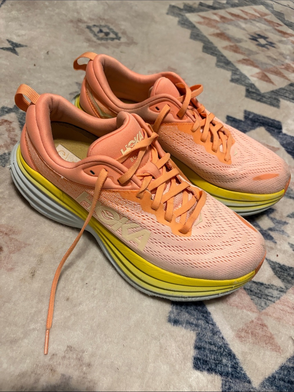 Hoka Bondi 8 Coral Peach & Yellow Performance Running Shoes 9 B - Picture 2 of 8
